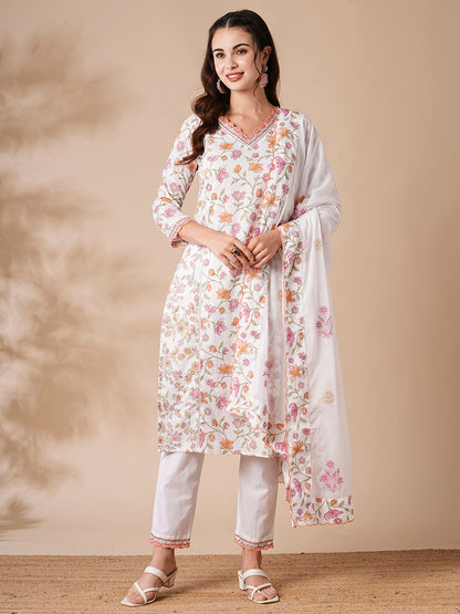 Floral Printed Cutdana & Resham Embroidered Kurta with Pants & Dupatta - White & Pink