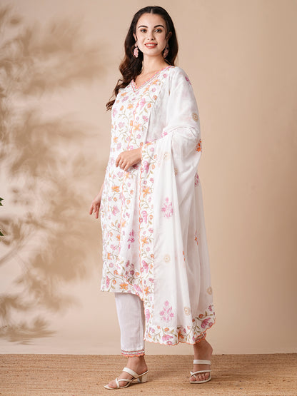 Floral Printed Cutdana & Resham Embroidered Kurta with Pants & Dupatta - White & Pink