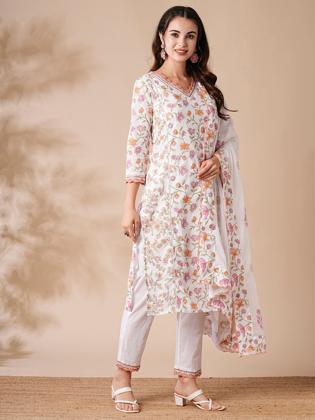 Floral Printed Cutdana & Resham Embroidered Kurta with Pants & Dupatta - White & Pink