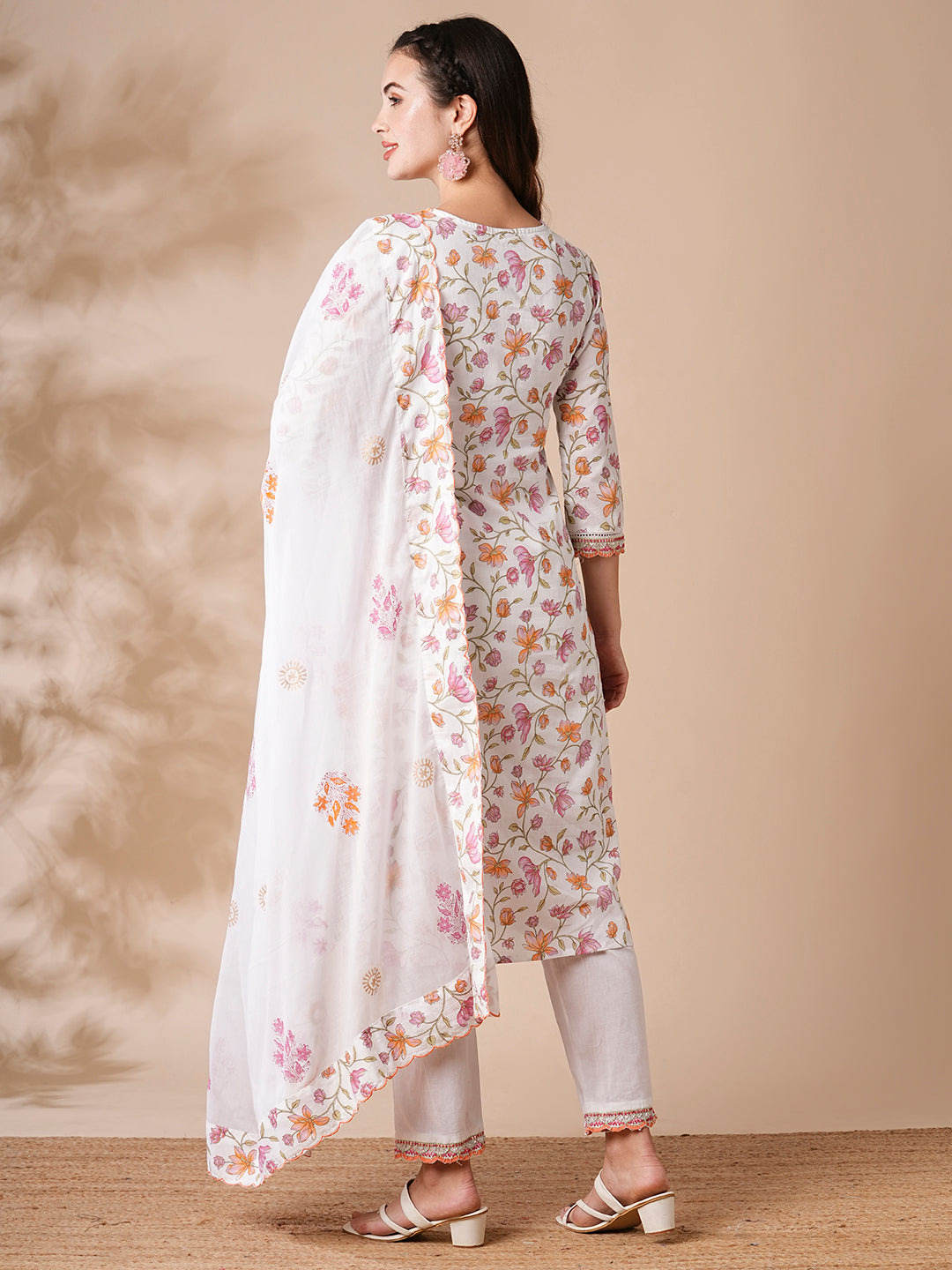 Floral Printed Cutdana & Resham Embroidered Kurta with Pants & Dupatta - White & Pink