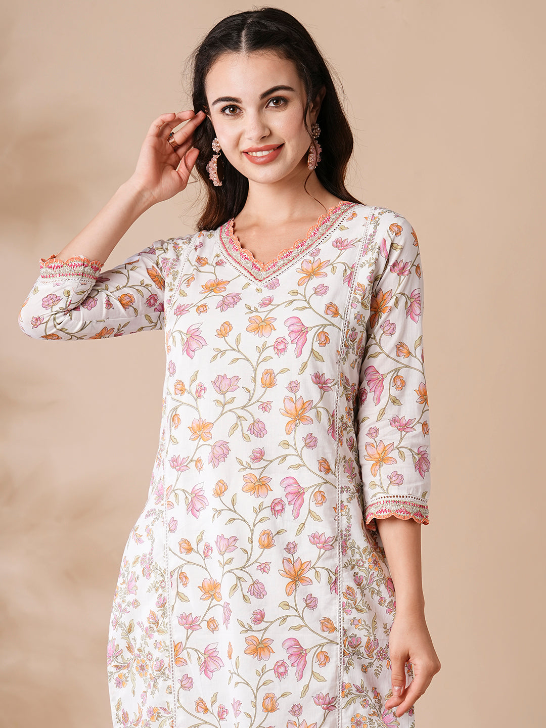 Floral Printed Cutdana & Resham Embroidered Kurta with Pants & Dupatta - White & Pink