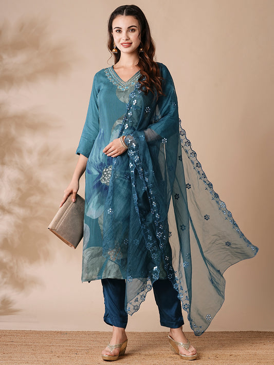 Floral Printed Mirror Embroidered Kurta with Pants & Embroidered Dupatta - Teal