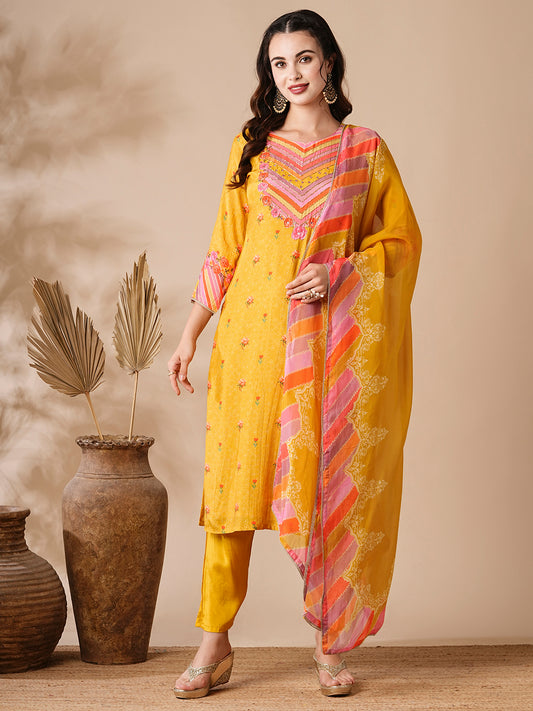 Floral Printed Mirror & Aari Embroidered Kurta with Pants & Dupatta - Yellow