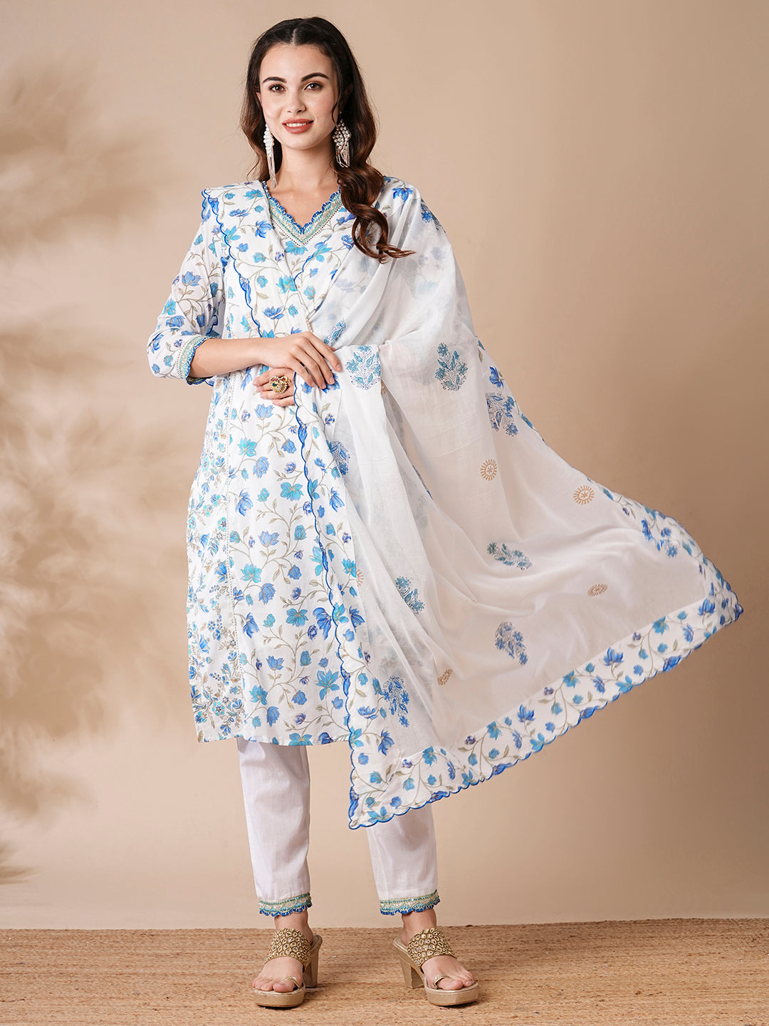 Floral Printed Cutdana & Resham Embroidered Kurta with Pants & Dupatta - White & Blue