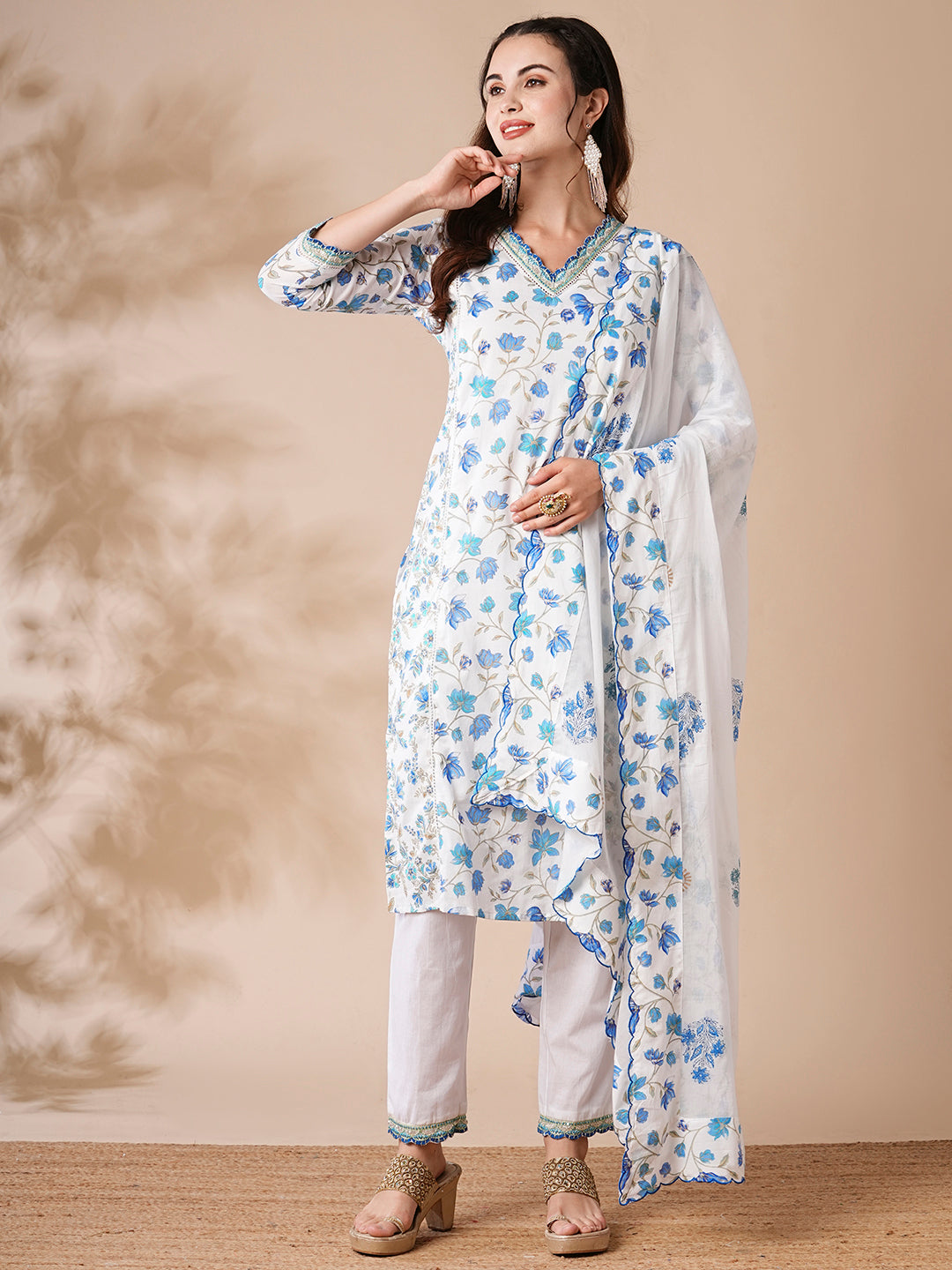 Floral Printed Cutdana & Resham Embroidered Kurta with Pants & Dupatta - White & Blue