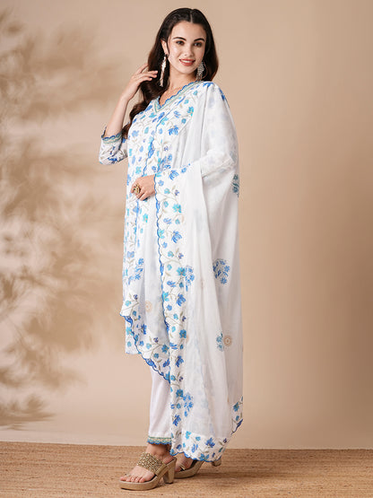 Floral Printed Cutdana & Resham Embroidered Kurta with Pants & Dupatta - White & Blue