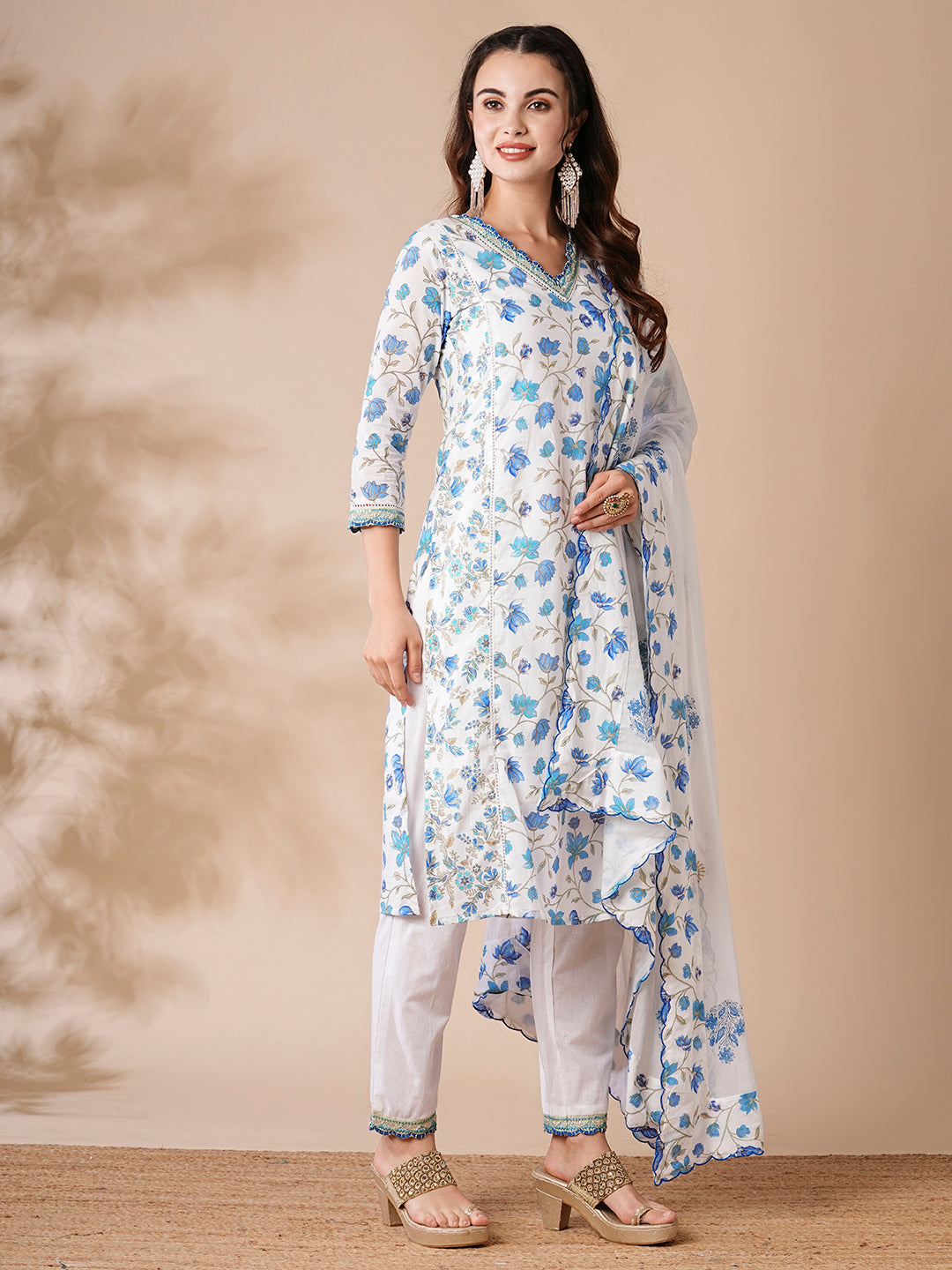 Floral Printed Cutdana & Resham Embroidered Kurta with Pants & Dupatta - White & Blue