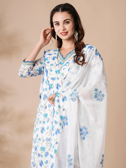 Floral Printed Cutdana & Resham Embroidered Kurta with Pants & Dupatta - White & Blue