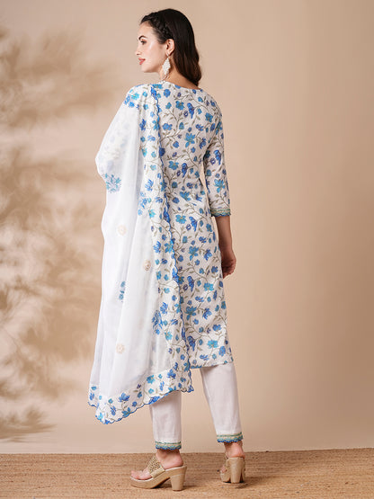 Floral Printed Cutdana & Resham Embroidered Kurta with Pants & Dupatta - White & Blue