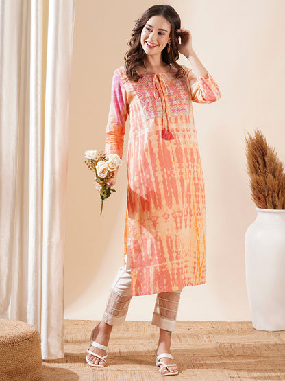 Shibori Dyed Resham & Zari Embroidered Kurta - Peach