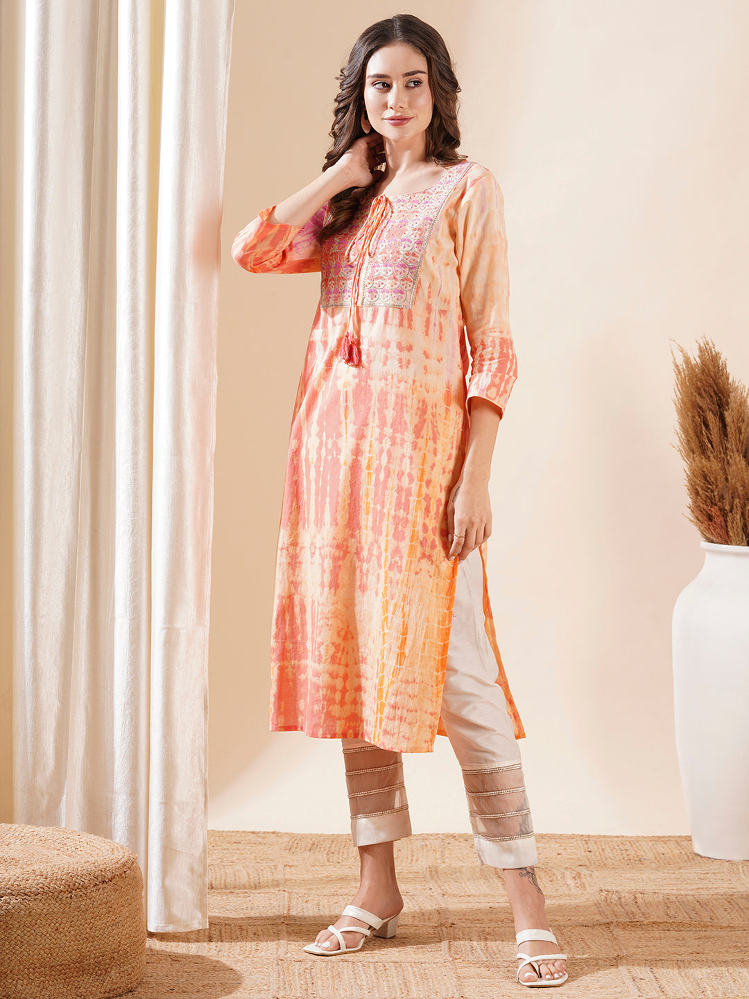 Shibori Dyed Resham & Zari Embroidered Kurta - Peach