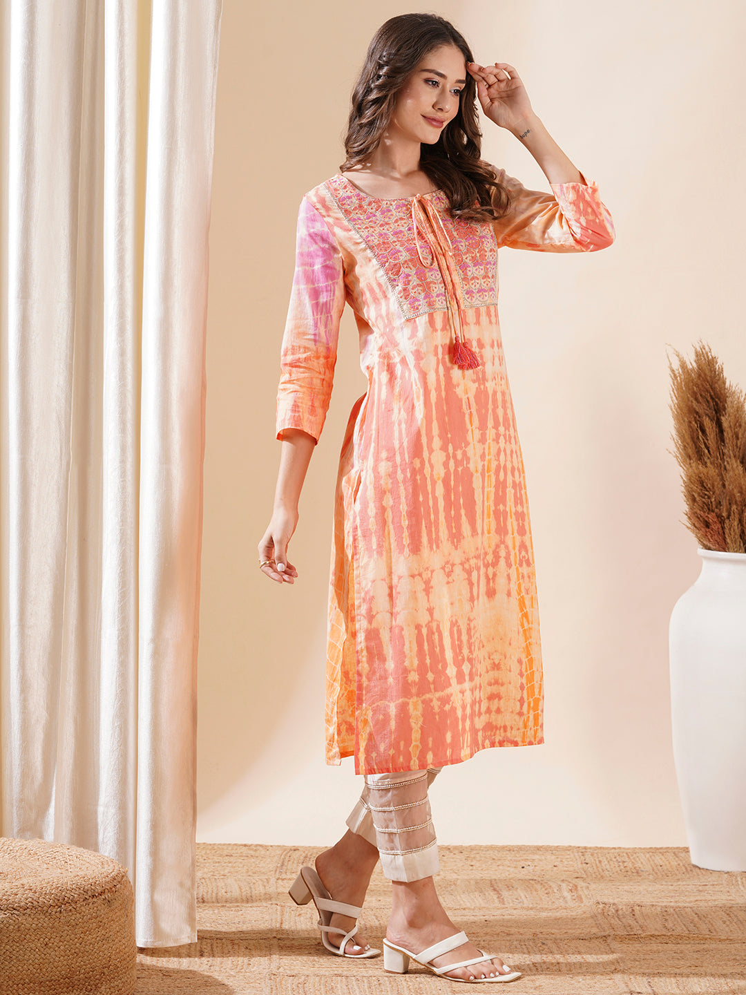 Shibori Dyed Resham & Zari Embroidered Kurta - Peach