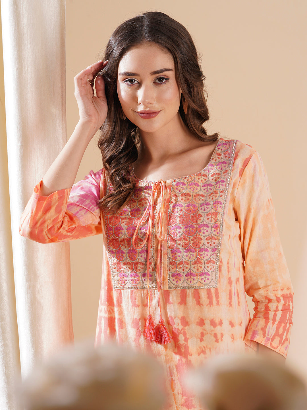 Shibori Dyed Resham & Zari Embroidered Kurta - Peach