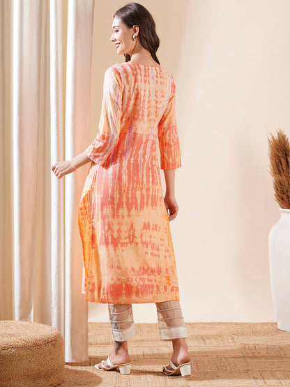 Shibori Dyed Resham & Zari Embroidered Kurta - Peach