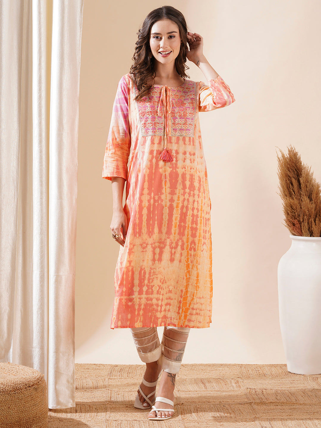 Shibori Dyed Resham & Zari Embroidered Kurta - Peach