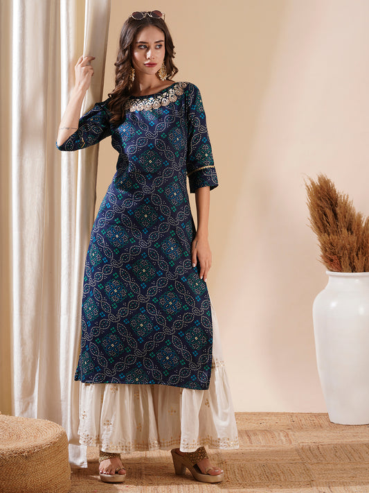 Ethnic Bandhani Foil Printed & Hand Embroidered Straight Kurta - Blue