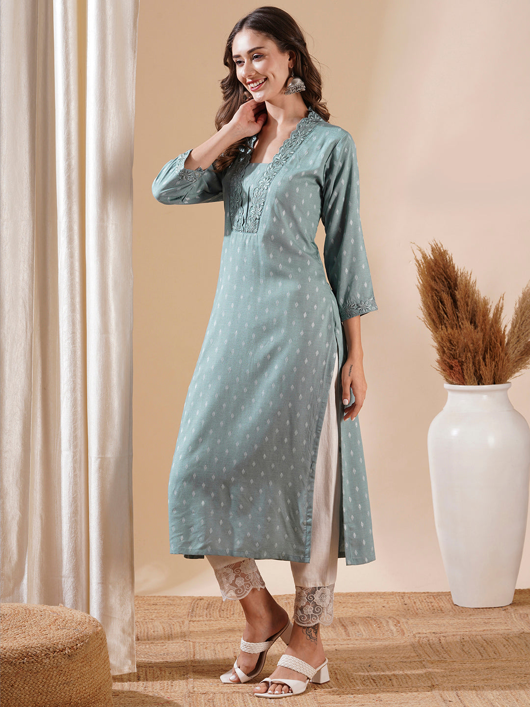 Woven Dobby Design Resham Embroidered Kurta - Powder Blue