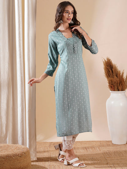 Woven Dobby Design Resham Embroidered Kurta - Powder Blue