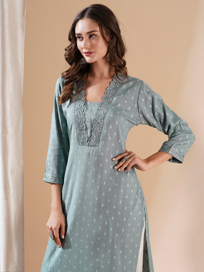 Woven Dobby Design Resham Embroidered Kurta - Powder Blue