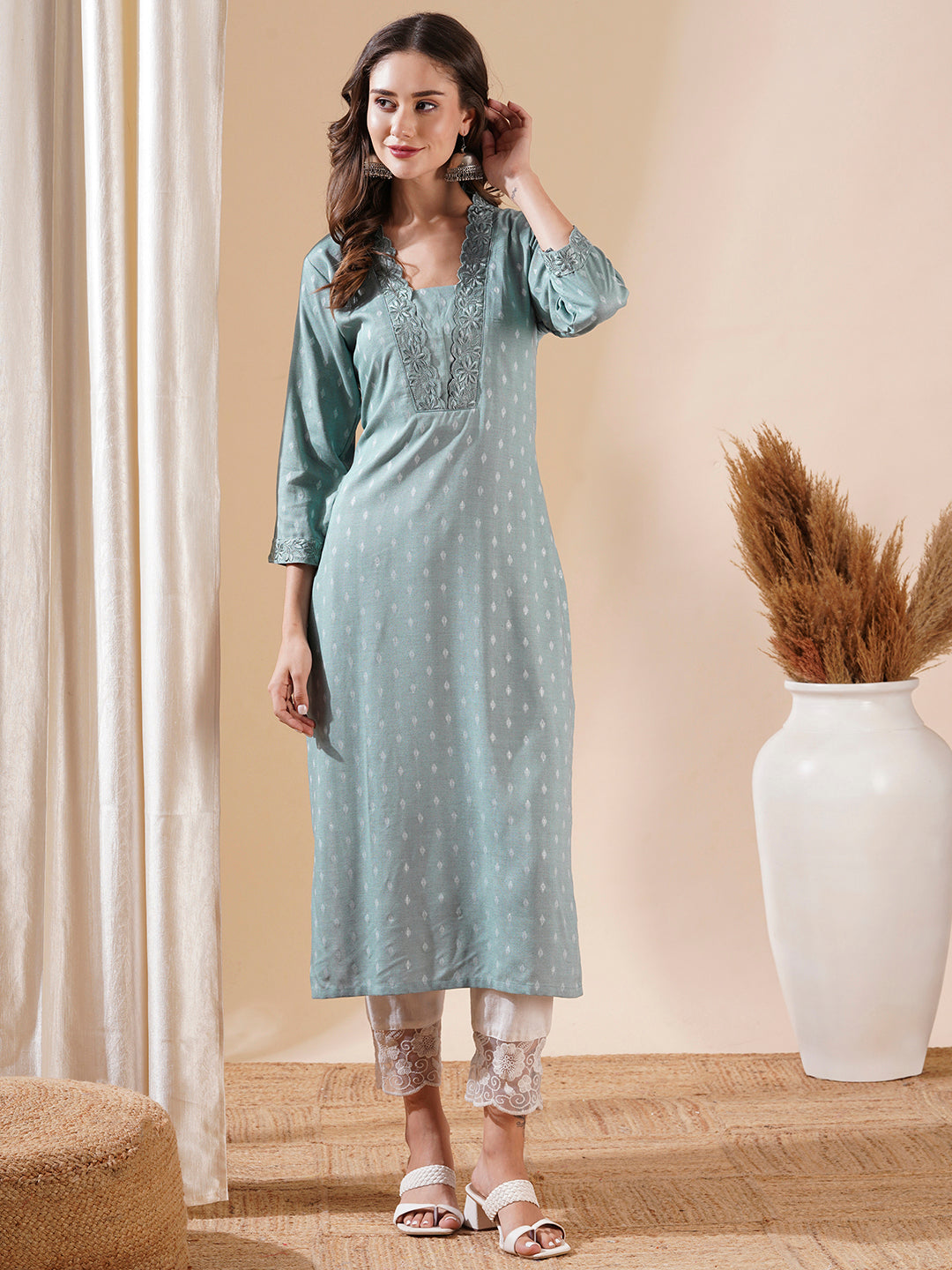 Woven Dobby Design Resham Embroidered Kurta - Powder Blue