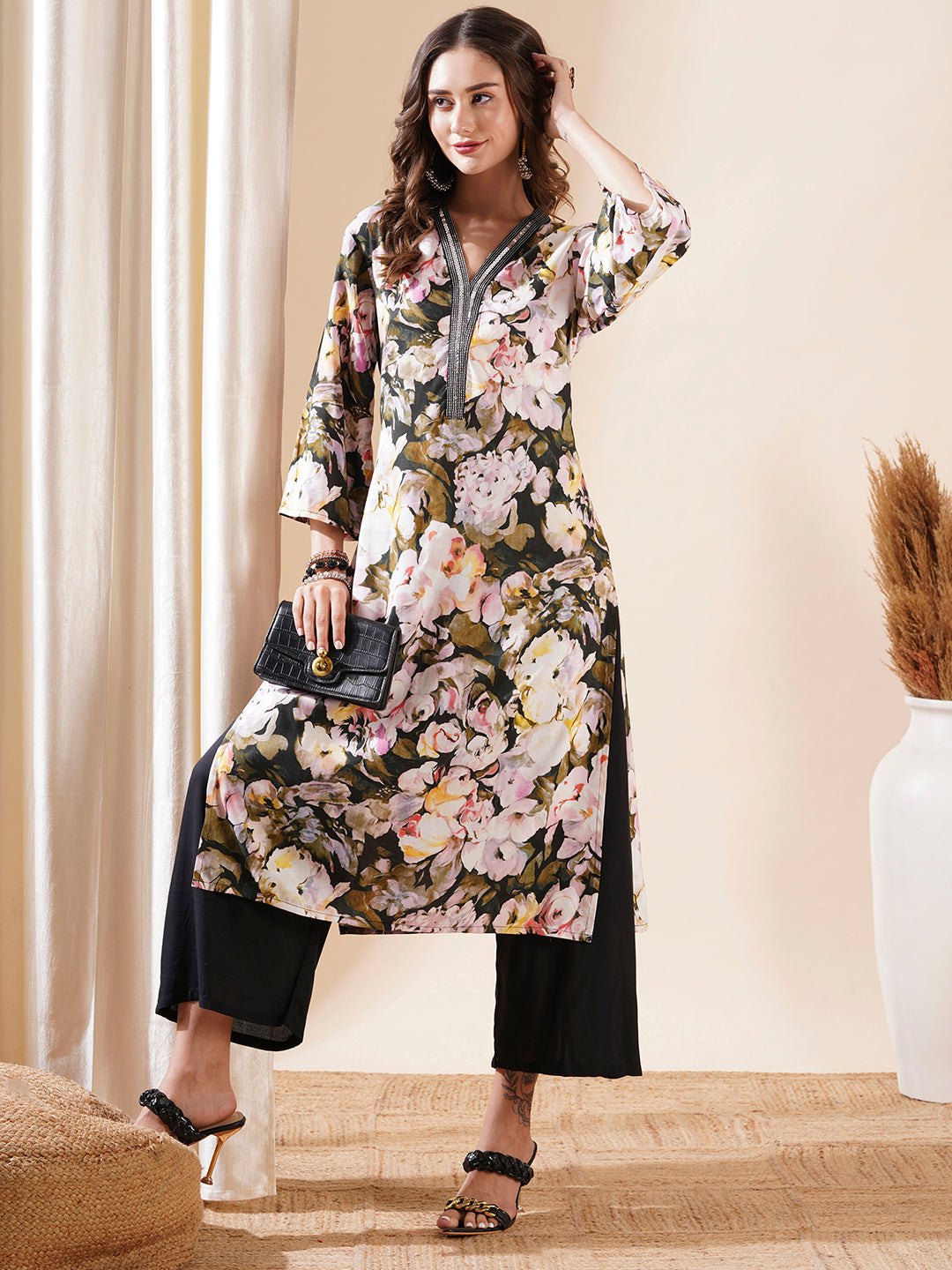 Abstract Floral Printed Sequin Highlighted Straight Kurta with Palazzo - Multi