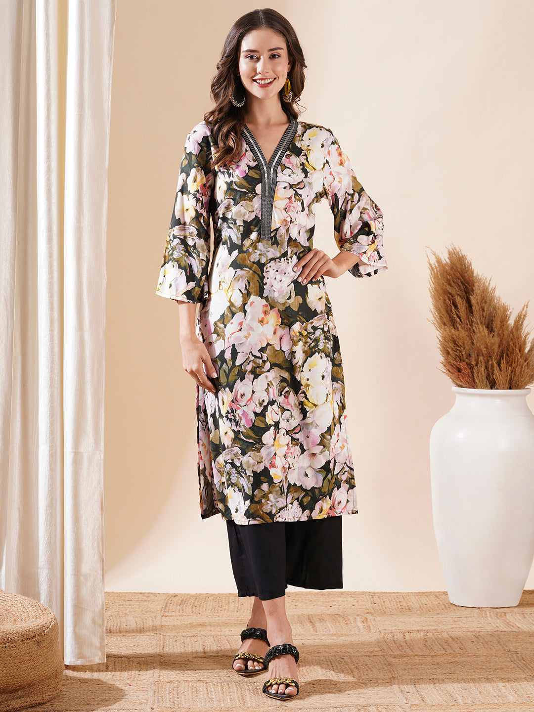 Abstract Floral Printed Sequin Highlighted Straight Kurta with Palazzo - Multi