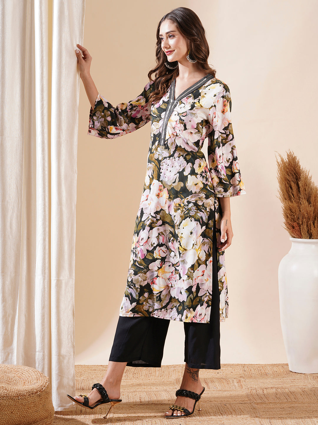 Abstract Floral Printed Sequin Highlighted Straight Kurta with Palazzo - Multi