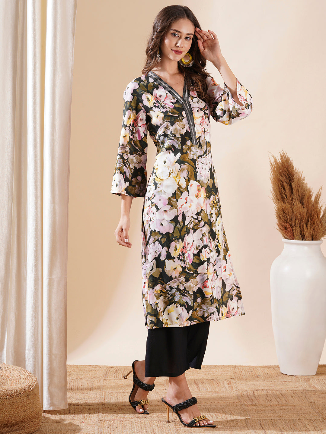 Abstract Floral Printed Sequin Highlighted Straight Kurta with Palazzo - Multi