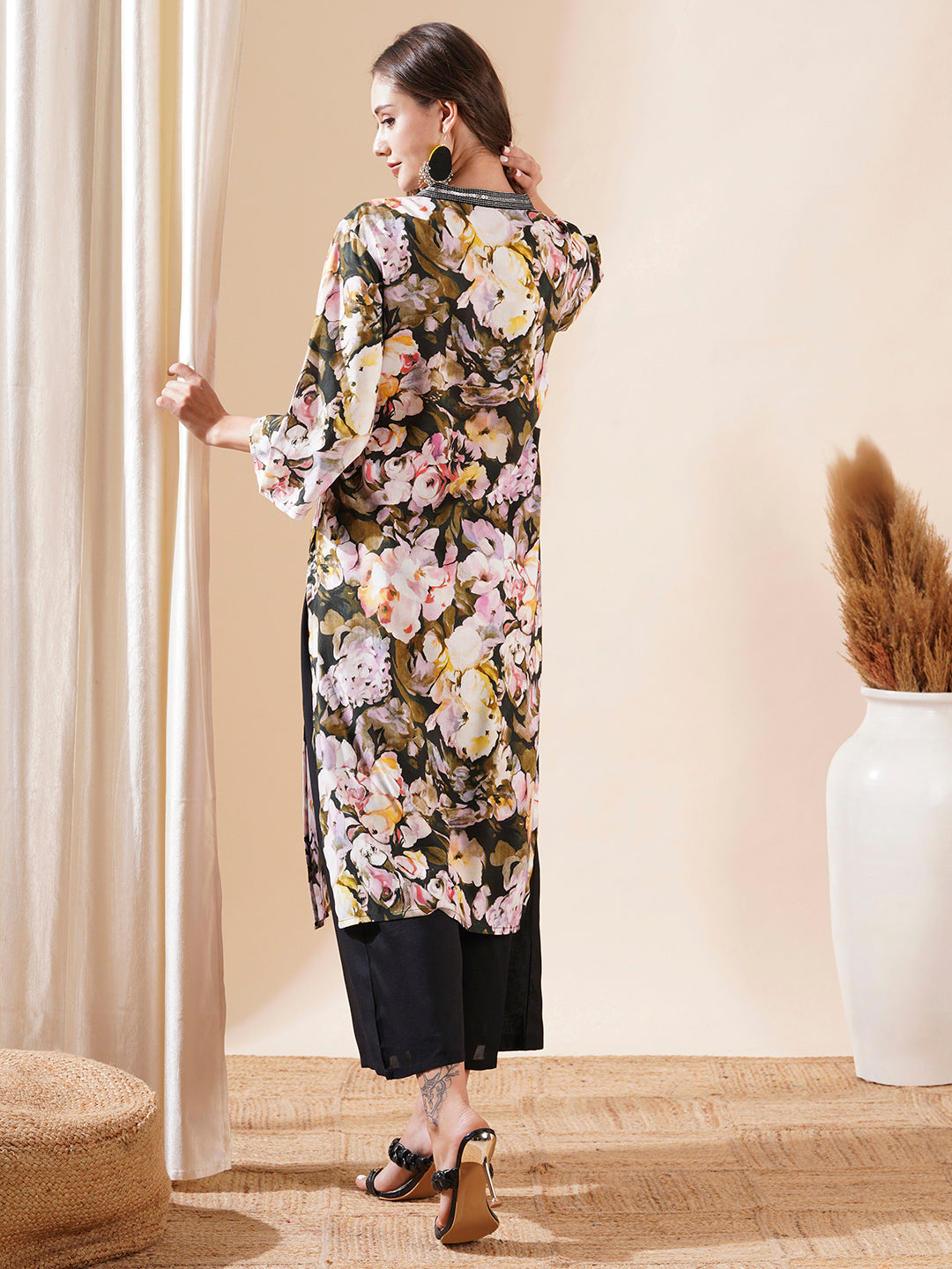 Abstract Floral Printed Sequin Highlighted Straight Kurta with Palazzo - Multi