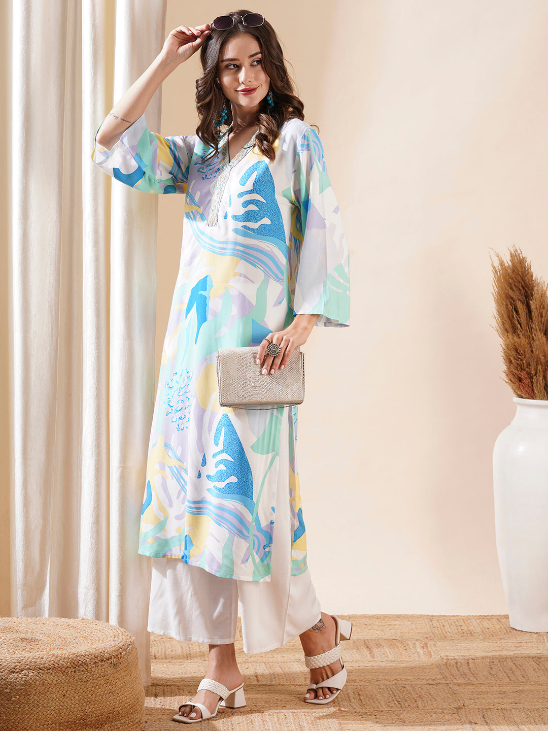 Abstract Printed & Embroidered Straight Kurta with Palazzo - Multi