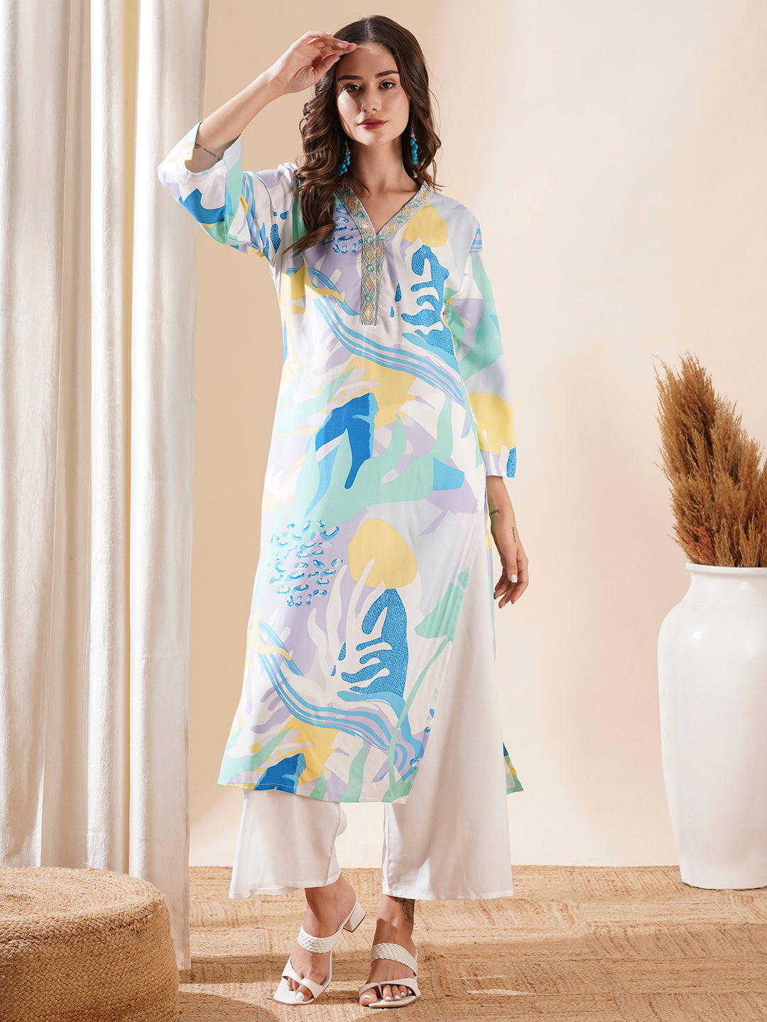 Abstract Printed & Embroidered Straight Kurta with Palazzo - Multi