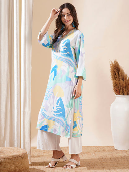 Abstract Printed & Embroidered Straight Kurta with Palazzo - Multi