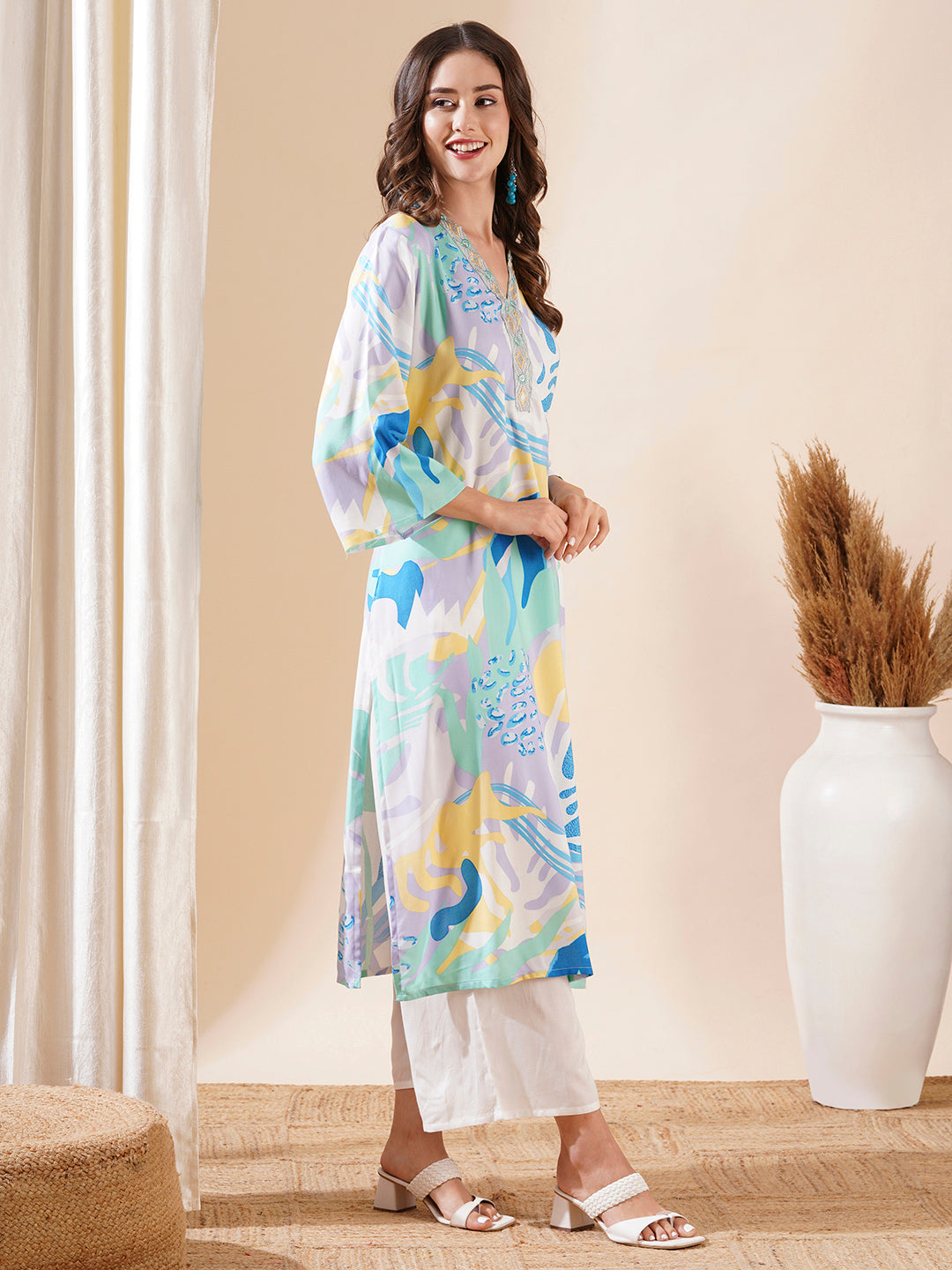 Abstract Printed & Embroidered Straight Kurta with Palazzo - Multi