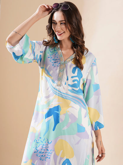 Abstract Printed & Embroidered Straight Kurta with Palazzo - Multi