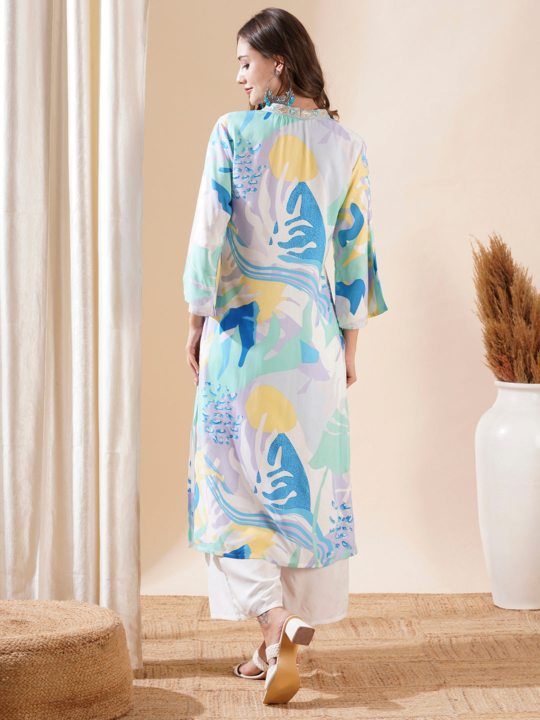 Abstract Printed & Embroidered Straight Kurta with Palazzo - Multi