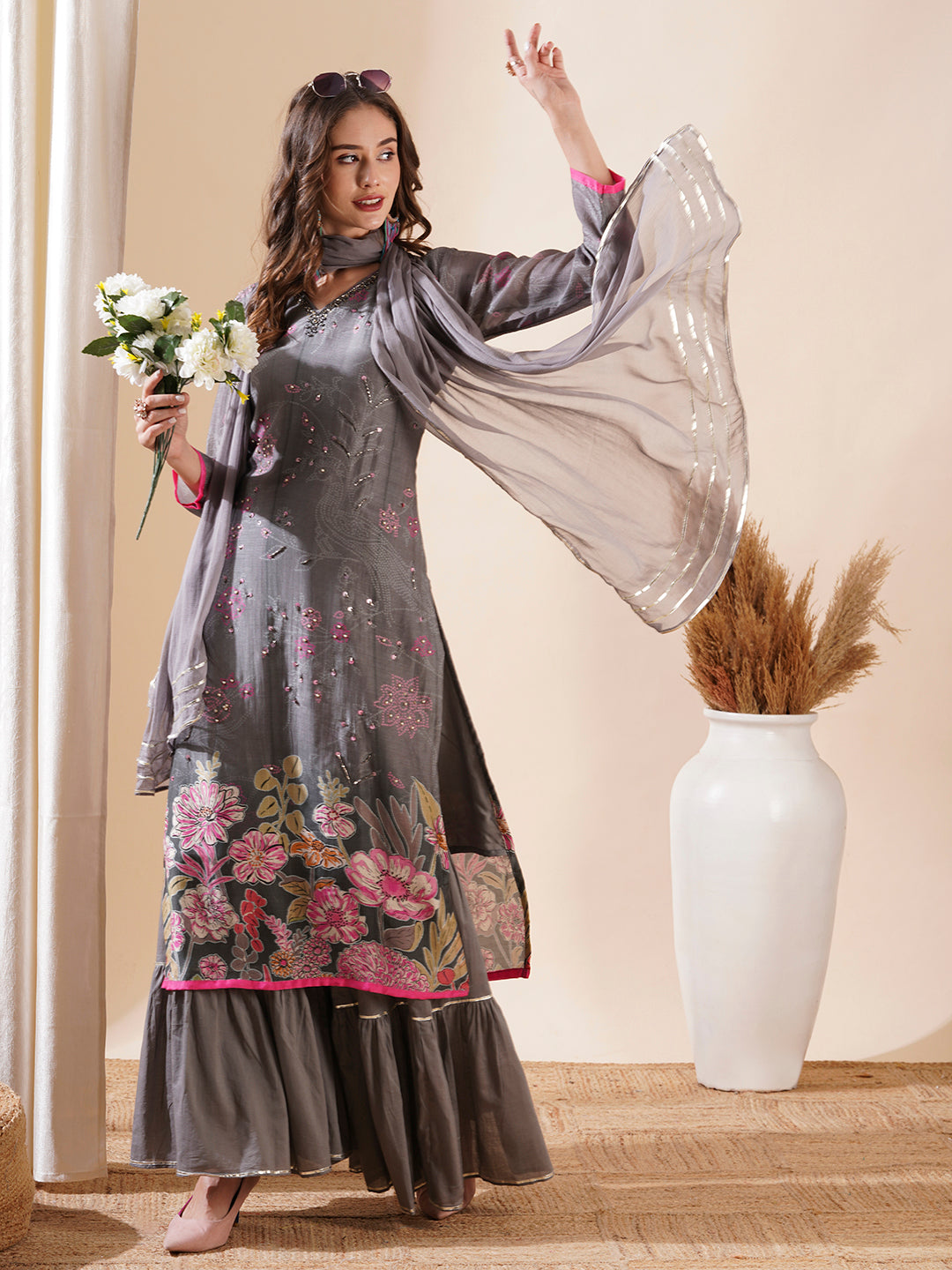 Ethnic Printed Cutdana & Sequins Embroidered Kurta with Sharara & Dupatta - Grey