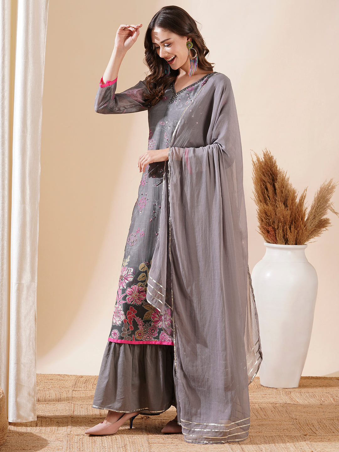 Ethnic Printed Cutdana & Sequins Embroidered Kurta with Sharara & Dupatta - Grey