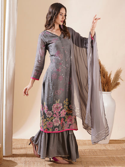 Ethnic Printed Cutdana & Sequins Embroidered Kurta with Sharara & Dupatta - Grey