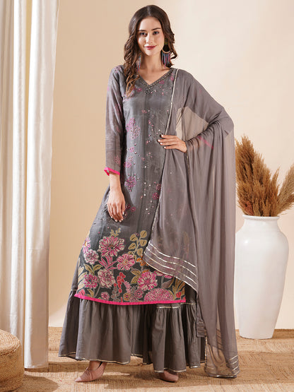 Ethnic Printed Cutdana & Sequins Embroidered Kurta with Sharara & Dupatta - Grey