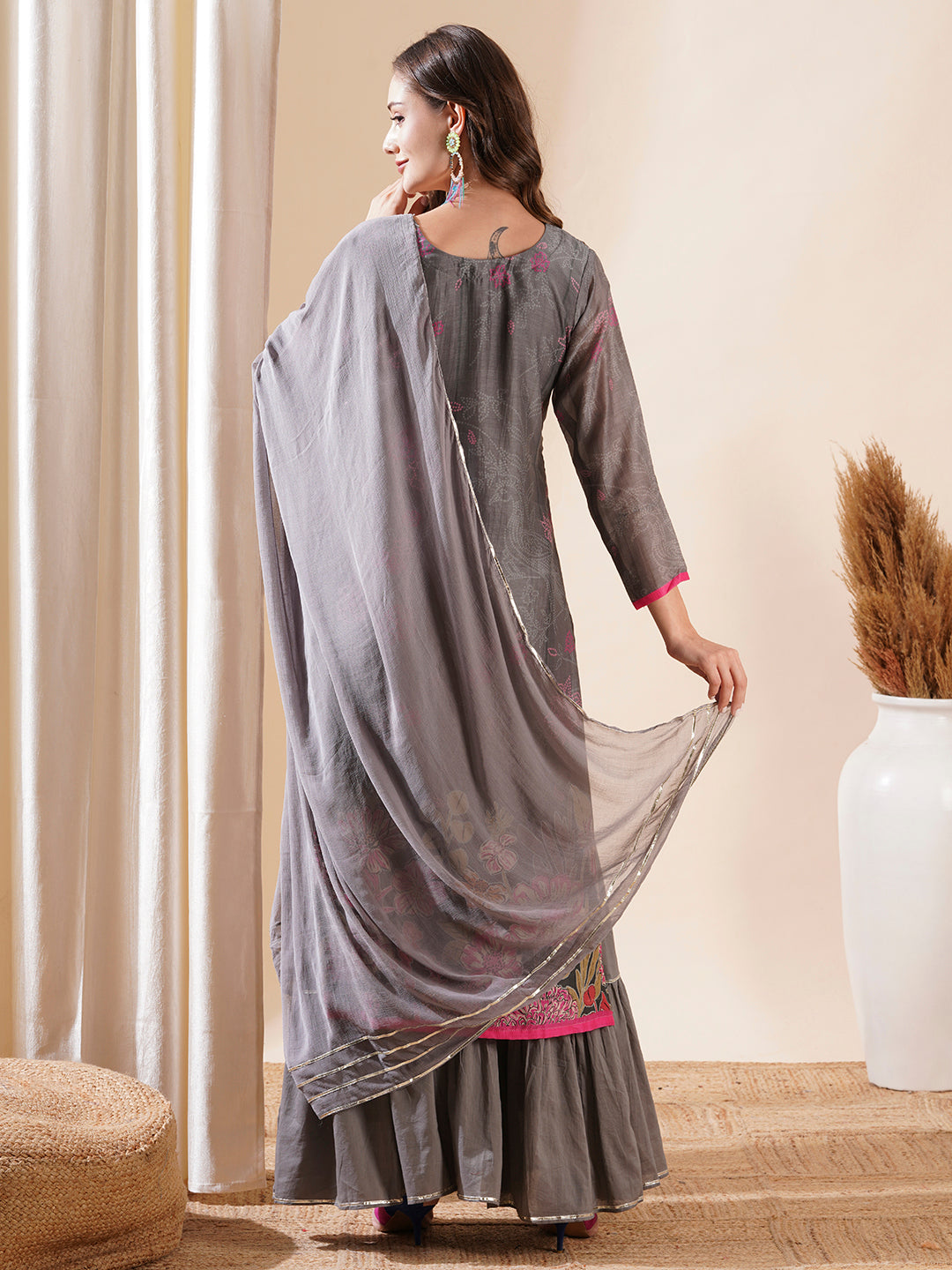 Ethnic Printed Cutdana & Sequins Embroidered Kurta with Sharara & Dupatta - Grey