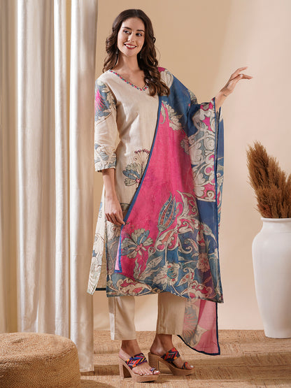 Floral Printed Resham & Beads Embroidered Kurta with Pants & Dupatta - Off White