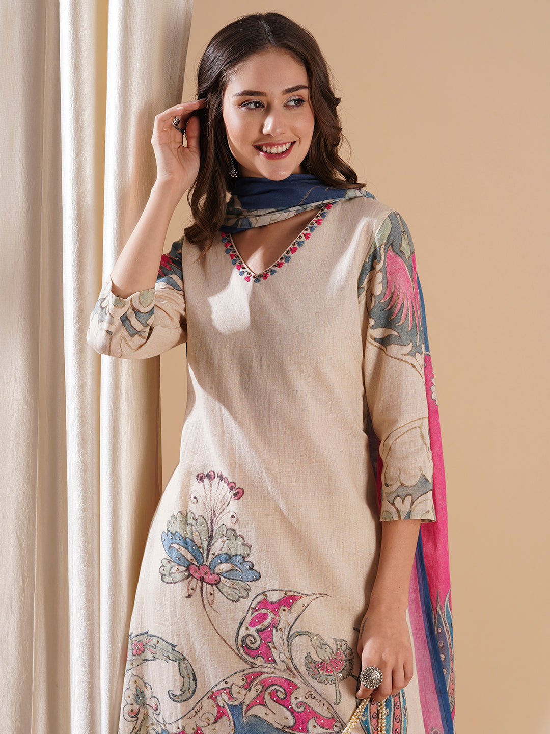 Floral Printed Resham & Beads Embroidered Kurta with Pants & Dupatta - Off White