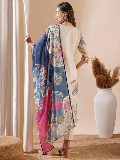 Floral Printed Resham & Beads Embroidered Kurta with Pants & Dupatta - Off White