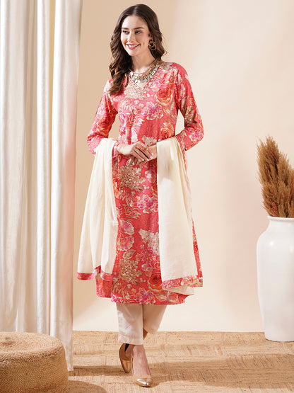 Floral Printed Cutdana & zari Aari Embroidered Kurta with Pants & Dupatta - Peach