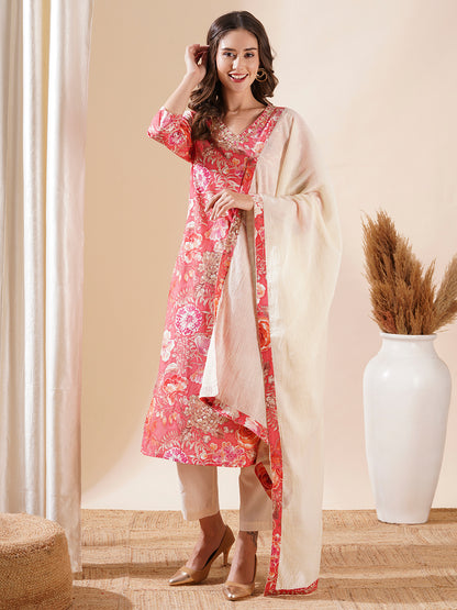 Floral Printed Cutdana & zari Aari Embroidered Kurta with Pants & Dupatta - Peach