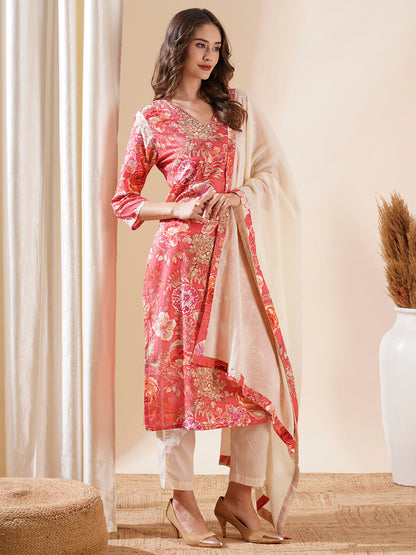 Floral Printed Cutdana & zari Aari Embroidered Kurta with Pants & Dupatta - Peach