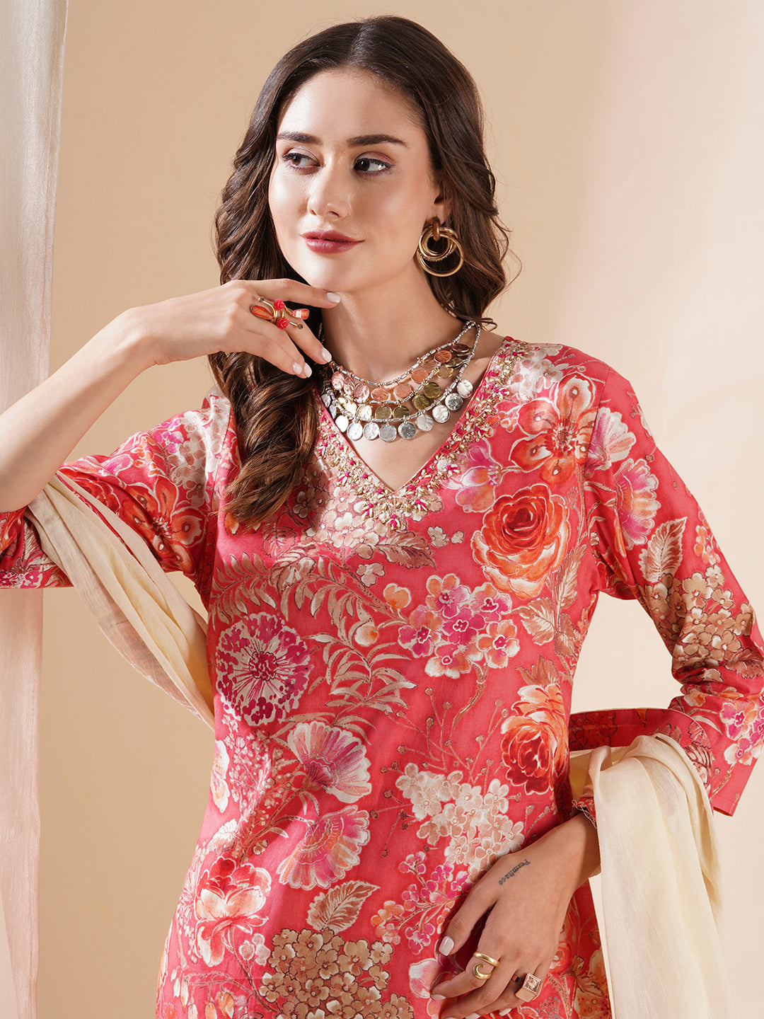 Floral Printed Cutdana & zari Aari Embroidered Kurta with Pants & Dupatta - Peach