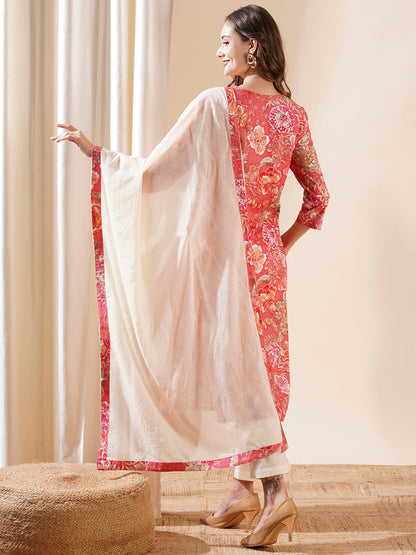 Floral Printed Cutdana & zari Aari Embroidered Kurta with Pants & Dupatta - Peach