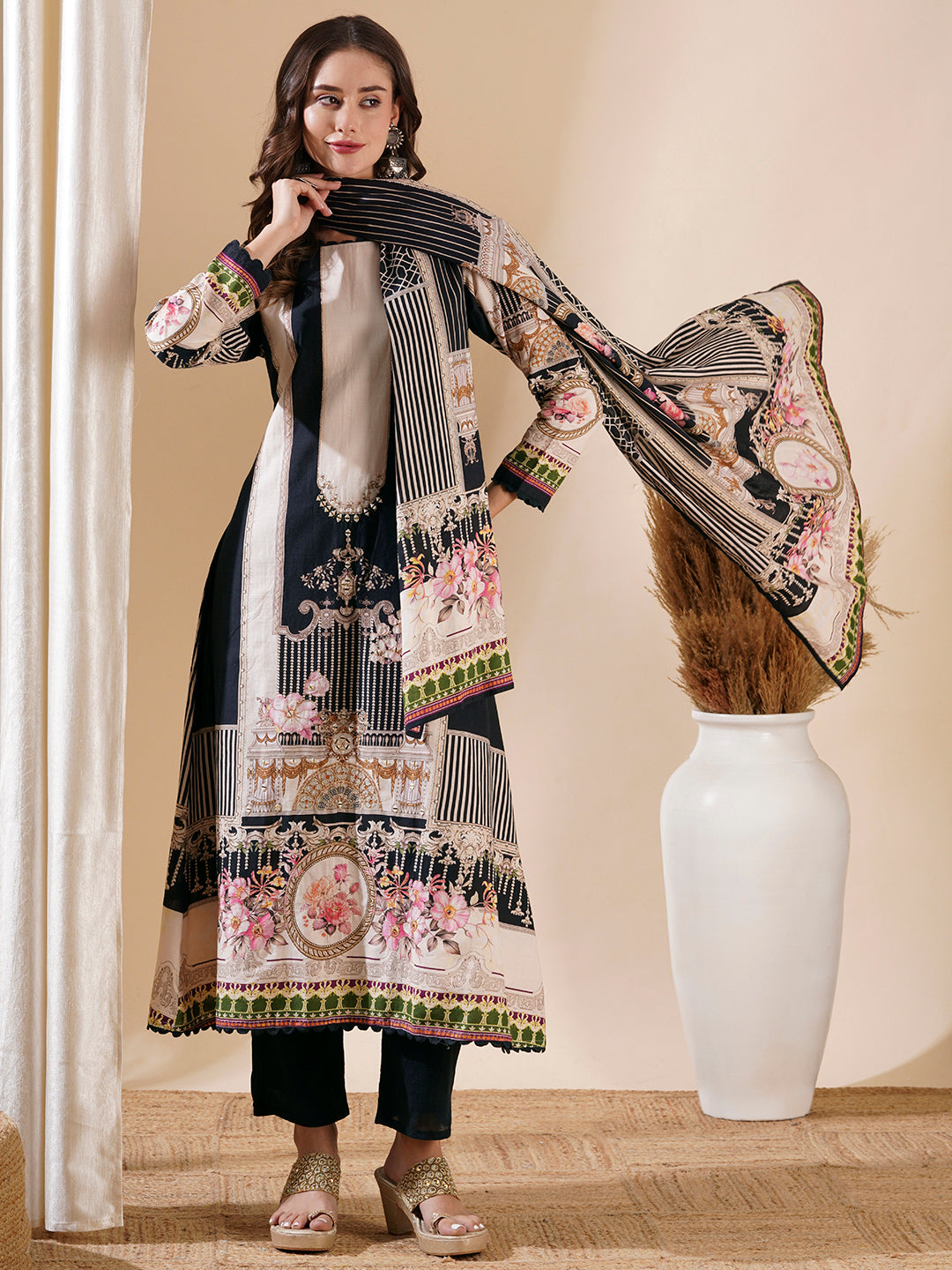 Multi Printed Mirror Embroidered A-line Kurta with Pants & Dupatta - Black