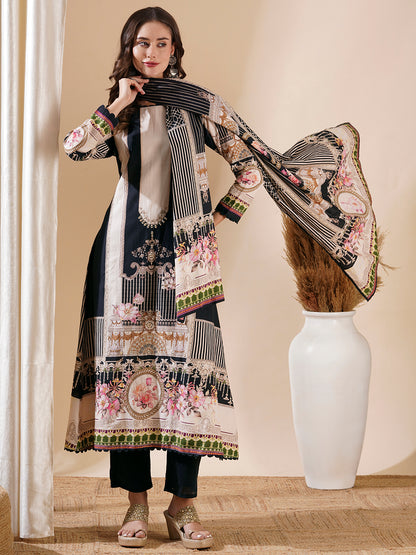 Multi Printed Mirror Embroidered A-line Kurta with Pants & Dupatta - Black